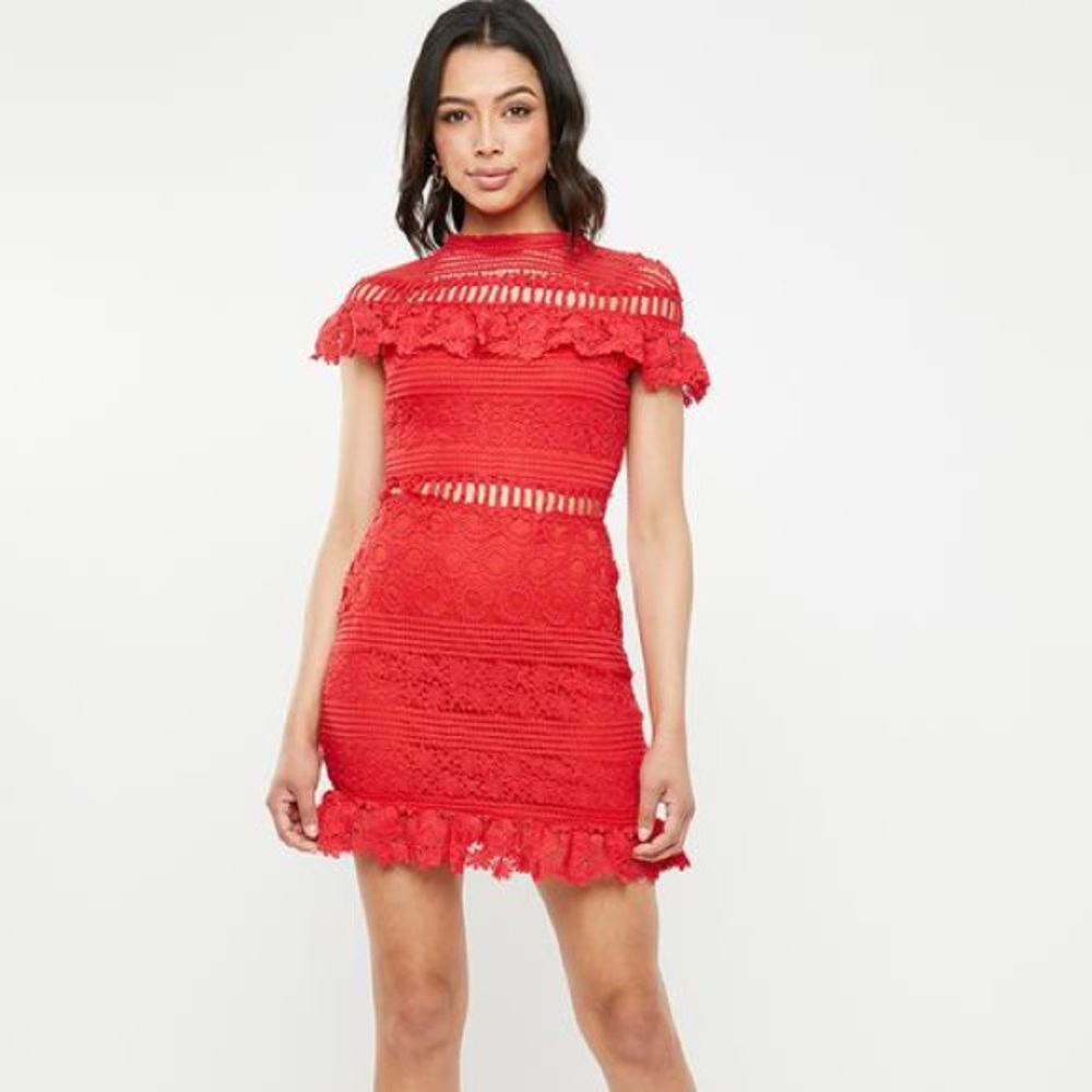 MISSGUIDED Red Frill Lace Dress - High Neck - NWT